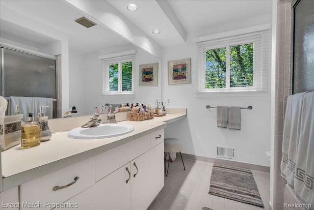 3742 Hearthstone Dr, Commerce Twp, MI 48382 - full bath with vanity, a shower stall, recessed lighting, and tile patterned floors