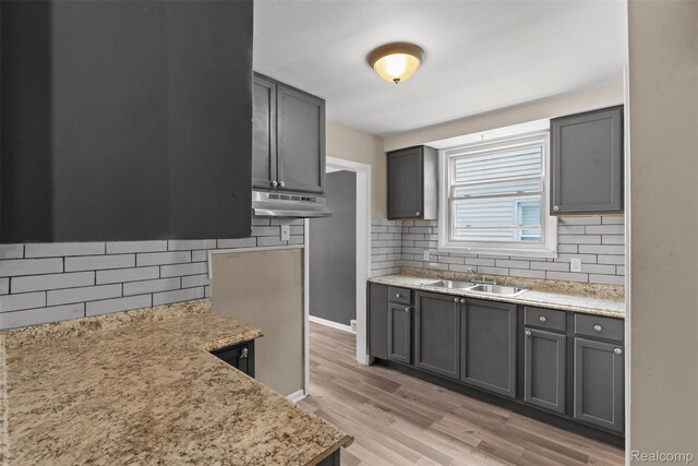 17631 Kentfield St, Detroit, MI 48219 - kitchen with decorative backsplash, under cabinet range hood, and gray cabinetry