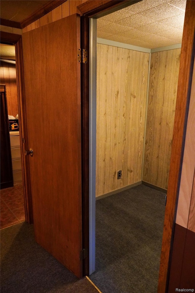 1295 Hadley Rd, Lapeer, MI 48446 - hallway featuring carpet floors and wood walls