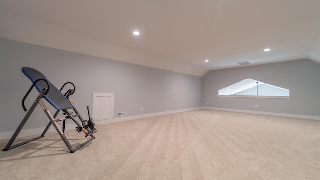 2816 Niles Buchanan Rd, Buchanan, MI 49107 - exercise room featuring vaulted ceiling, recessed lighting, and carpet floors