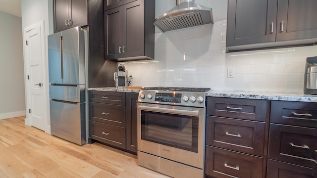 2816 Niles Buchanan Rd, Buchanan, MI 49107 - kitchen with appliances with stainless steel finishes, wall chimney range hood, light wood-style flooring, and tasteful backsplash
