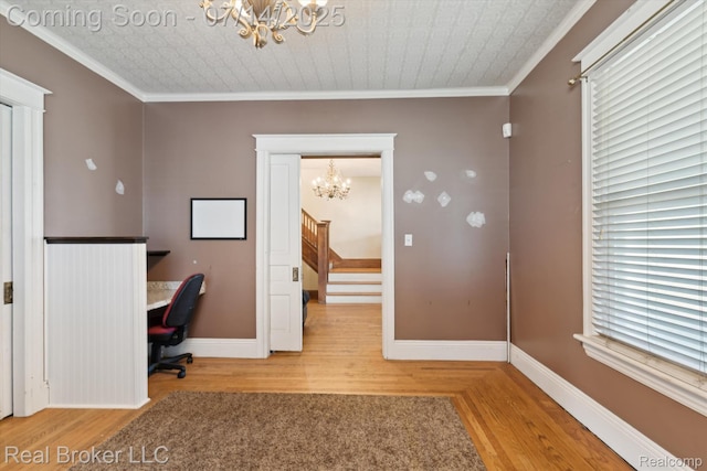 305 E 6th St, Monroe, MI 48161 - office space featuring a chandelier, an ornate ceiling, wood finished floors, and crown molding