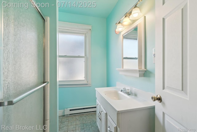 305 E 6th St, Monroe, MI 48161 - full bath with a baseboard heating unit, plenty of natural light, vanity, and an enclosed shower