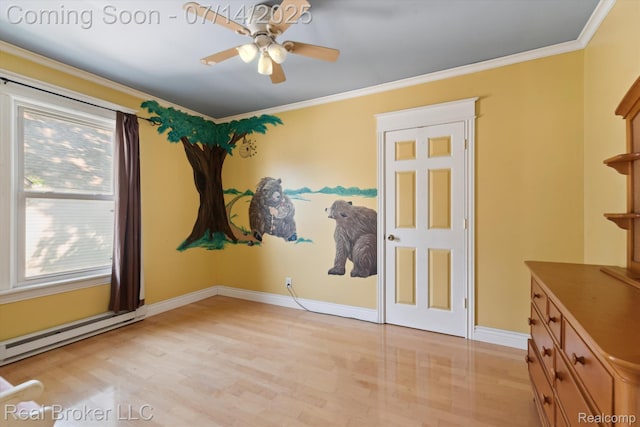 305 E 6th St, Monroe, MI 48161 - unfurnished room featuring a baseboard radiator, ceiling fan, ornamental molding, and light wood-type flooring