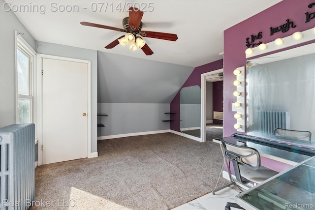 305 E 6th St, Monroe, MI 48161 - unfurnished office with radiator, ceiling fan, lofted ceiling, and carpet floors