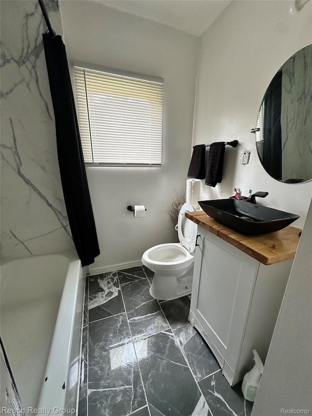 20245 Archdale St, Detroit, MI 48235 - full bathroom featuring marble finish floors, vanity, and shower / bathtub combination with curtain