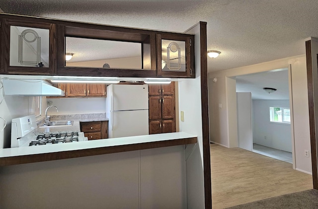 5955 N Pendell Rd, Elwell, MI 48832 - kitchen featuring freestanding refrigerator, exhaust hood, wood finished floors, light countertops, and a textured ceiling