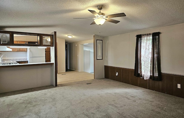 5955 N Pendell Rd, Elwell, MI 48832 - unfurnished living room with ceiling fan, a textured ceiling, carpet floors, a wainscoted wall, and wood walls