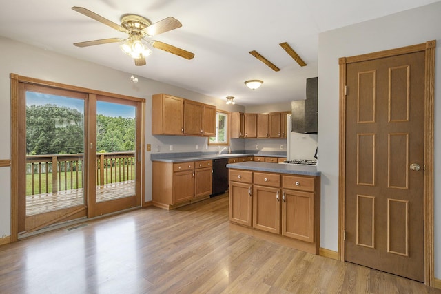 13280 Bradshaw St NE, Gowen, MI 49326 - kitchen with dishwasher, light wood finished floors, ceiling fan, brown cabinets, and dark countertops