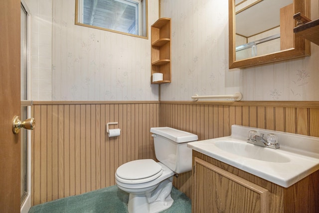 13280 Bradshaw St NE, Gowen, MI 49326 - full bath featuring wallpapered walls, a wainscoted wall, a shower with shower door, and vanity