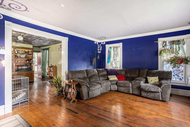 429 Portage Ave, Three Rivers, MI 49093 - living room featuring hardwood / wood-style floors and ornamental molding