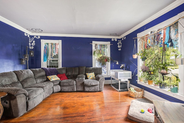 429 Portage Ave, Three Rivers, MI 49093 - living room with ornamental molding, wood finished floors, and an AC wall unit