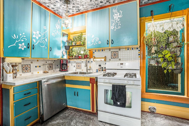 429 Portage Ave, Three Rivers, MI 49093 - kitchen with stainless steel dishwasher, white gas range, backsplash, and light countertops