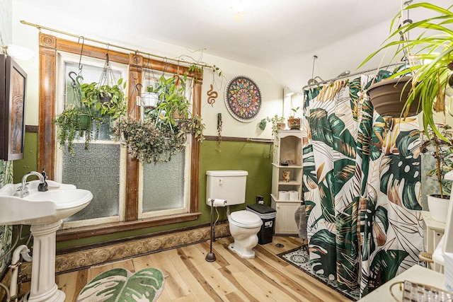 429 Portage Ave, Three Rivers, MI 49093 - full bathroom featuring wood-type flooring, curtained shower, and lofted ceiling