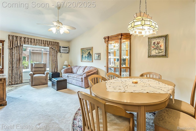 25104 Hamilton Ct Unit 4, South Lyon, MI 48178 - dining area with lofted ceiling, carpet floors, ceiling fan, a wall mounted AC, and a baseboard radiator