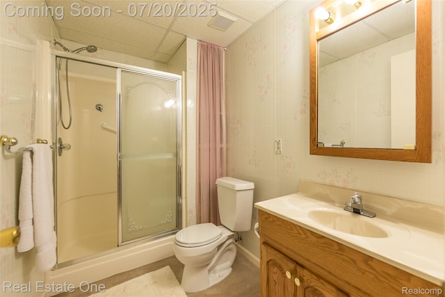 25104 Hamilton Ct Unit 4, South Lyon, MI 48178 - bathroom featuring vanity, a stall shower, and a paneled ceiling