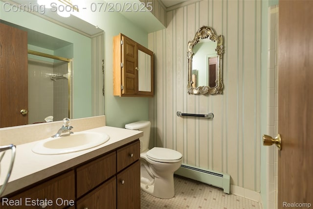 25104 Hamilton Ct Unit 4, South Lyon, MI 48178 - bathroom with a baseboard heating unit, tile patterned floors, vanity, a shower, and wallpapered walls