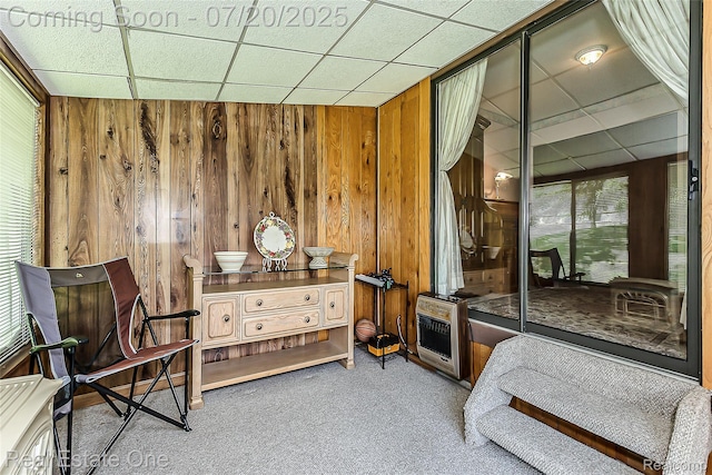 25104 Hamilton Ct Unit 4, South Lyon, MI 48178 - living area with carpet floors, wood walls, and a drop ceiling