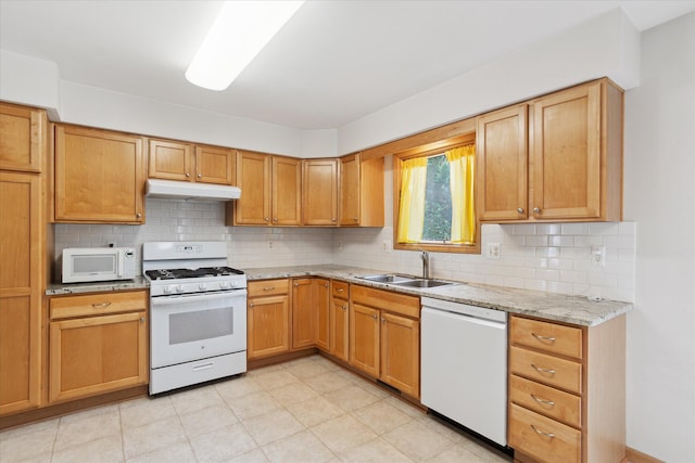 2388 Chestnut Cres, Saline, MI 48176 - kitchen featuring white appliances, under cabinet range hood, backsplash, and light tile patterned floors