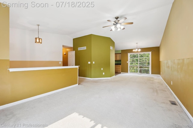1605 N Hanlon St, Westland, MI 48185 - unfurnished living room with ceiling fan, vaulted ceiling, carpet flooring, and a chandelier