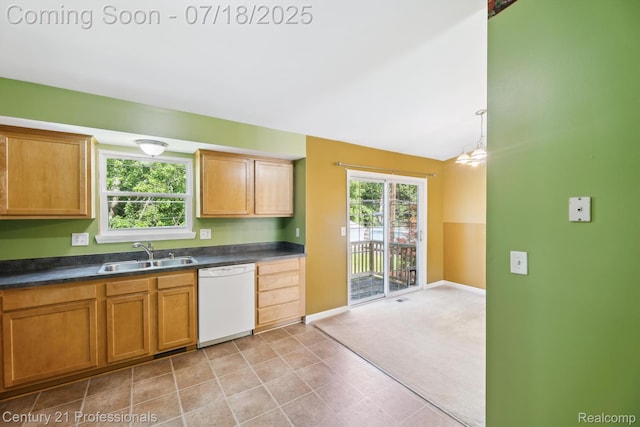 1605 N Hanlon St, Westland, MI 48185 - kitchen featuring dishwasher, dark countertops, brown cabinetry, light colored carpet, and lofted ceiling