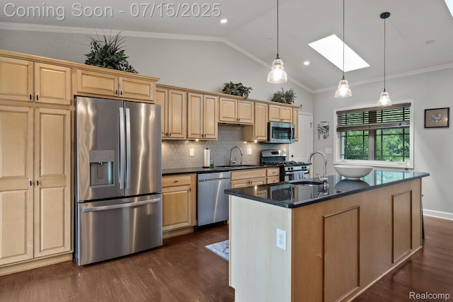 3290 Welch, Commerce Twp, MI 48390 - kitchen featuring stainless steel appliances, a skylight, lofted ceiling, dark wood-style flooring, and backsplash