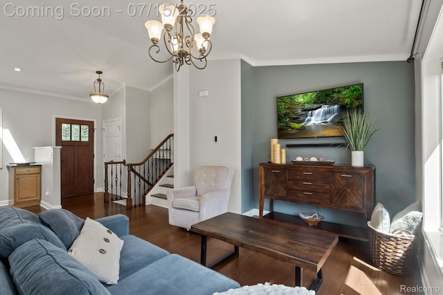 3290 Welch, Commerce Twp, MI 48390 - living area featuring wood finished floors, stairway, crown molding, and a chandelier