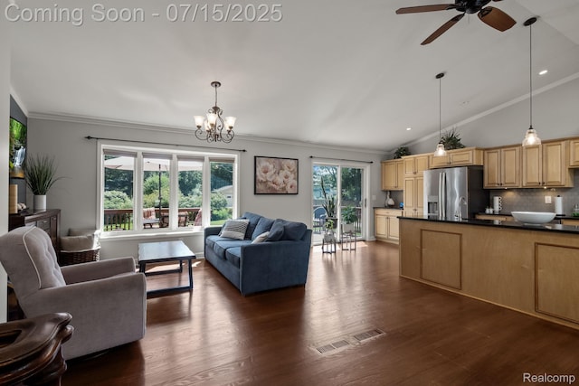 3290 Welch, Commerce Twp, MI 48390 - living room featuring ornamental molding, a chandelier, ceiling fan, dark wood-style floors, and lofted ceiling