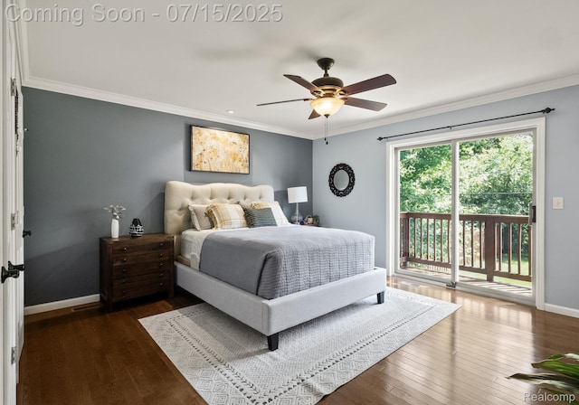 3290 Welch, Commerce Twp, MI 48390 - bedroom featuring access to outside, crown molding, dark wood-type flooring, and ceiling fan