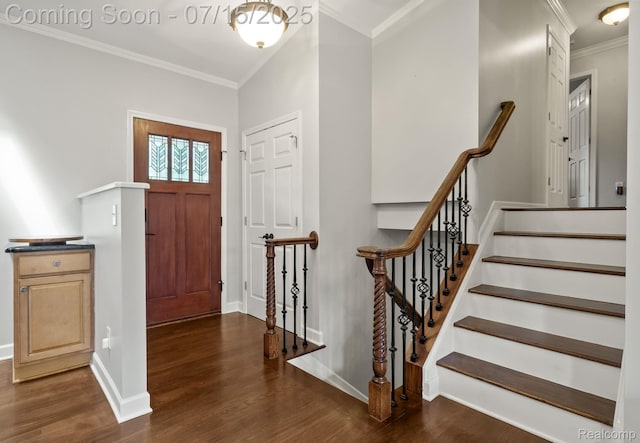 3290 Welch, Commerce Twp, MI 48390 - entrance foyer with dark wood-style floors, crown molding, and stairs