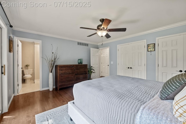 3290 Welch, Commerce Twp, MI 48390 - bedroom featuring crown molding, wood finished floors, ceiling fan, ensuite bath, and two closets