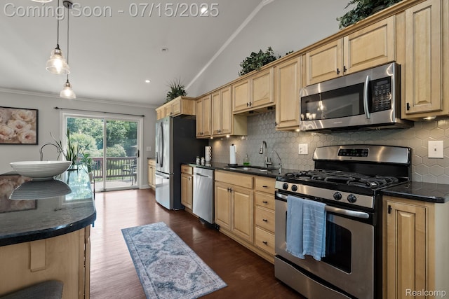 3290 Welch, Commerce Twp, MI 48390 - kitchen with appliances with stainless steel finishes, dark countertops, decorative backsplash, ornamental molding, and light brown cabinetry