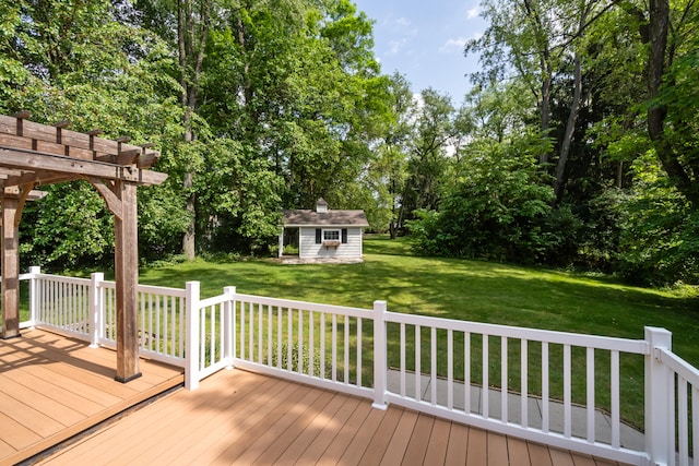 2113 Ridgeway Rd, Jackson, MI 49203 - wooden deck featuring a yard, an outbuilding, a pergola, and view of scattered trees