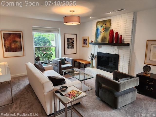 19370 W 11 Mile Rd, Lathrup Village, MI 48076 - living area featuring carpet floors, a brick fireplace, and recessed lighting