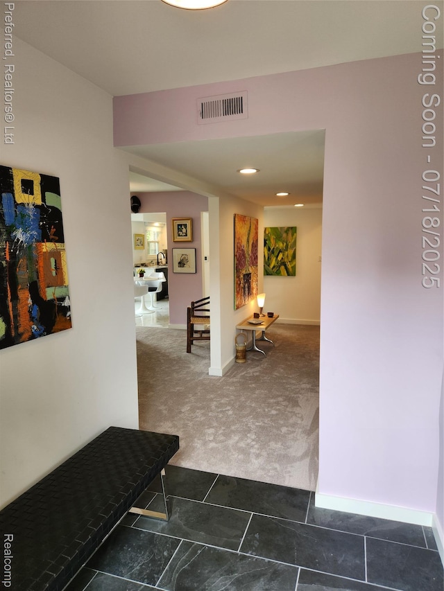 19370 W 11 Mile Rd, Lathrup Village, MI 48076 - hallway with dark carpet and dark tile patterned flooring