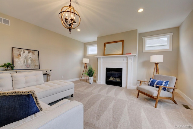 MOH45 Birkdale Dr Unit 45, Howell, MI 48843 - carpeted living area featuring a brick fireplace, recessed lighting, and a chandelier