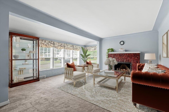 21197 Nummer St, Warren, MI 48089 - living room featuring carpet and a brick fireplace