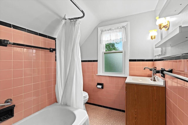 21197 Nummer St, Warren, MI 48089 - bathroom featuring tile walls, vanity, shower / bath combo with shower curtain, tile patterned floors, and lofted ceiling