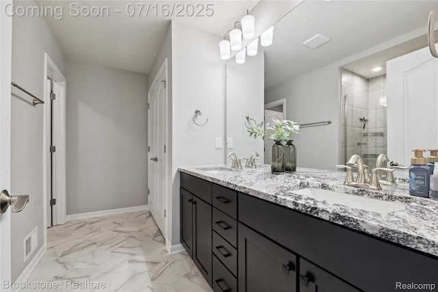 765 Hummingbird Dr, Rochester Hills, MI 48307 - full bathroom featuring double vanity, marble finish flooring, and a stall shower