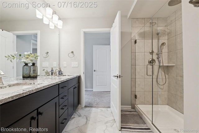 765 Hummingbird Dr, Rochester Hills, MI 48307 - bathroom with double vanity, marble look tile flooring, and a stall shower