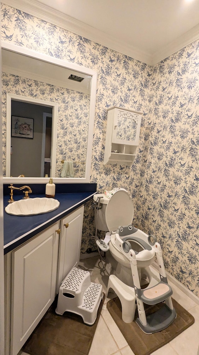 20519 Mauer St, Saint Clair Shores, MI 48080 - bathroom featuring crown molding, vanity, and tile patterned flooring
