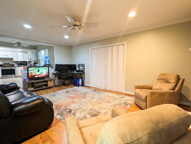 20519 Mauer St, Saint Clair Shores, MI 48080 - living room featuring ceiling fan, a desk, light wood-style floors, recessed lighting, and ornamental molding