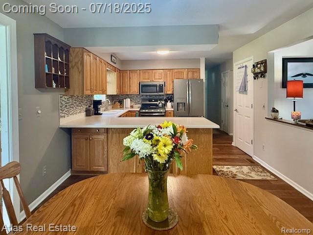 8354 Ridge Rd, Goodrich, MI 48438 - kitchen with appliances with stainless steel finishes, tasteful backsplash, dark wood-style floors, and light countertops