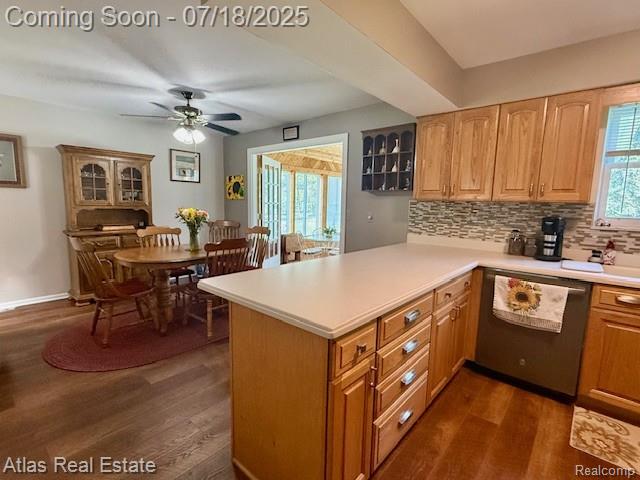 8354 Ridge Rd, Goodrich, MI 48438 - kitchen featuring dishwasher, dark wood finished floors, and decorative backsplash