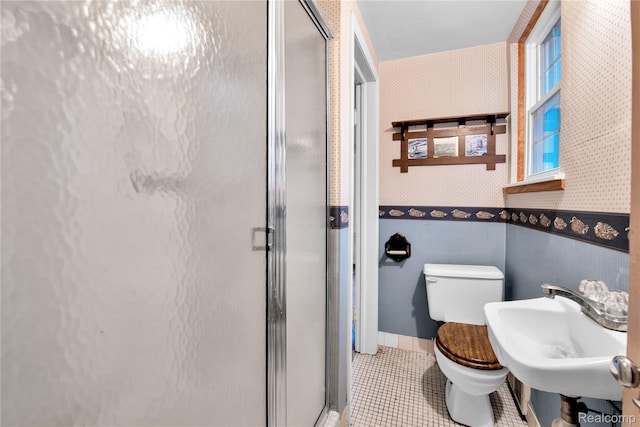 3870 Benstein Rd, Commerce Twp, MI 48382 - full bath with wallpapered walls, a stall shower, and tile patterned floors