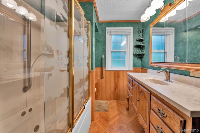 3870 Benstein Rd, Commerce Twp, MI 48382 - bathroom featuring vanity, a wainscoted wall, and crown molding