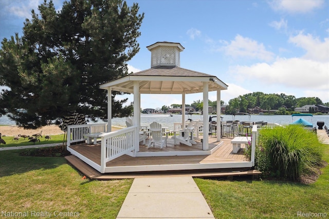 3559 Port Cove Dr Unit 17, Waterford, MI 48328 - deck featuring a gazebo, a lawn, and a water view