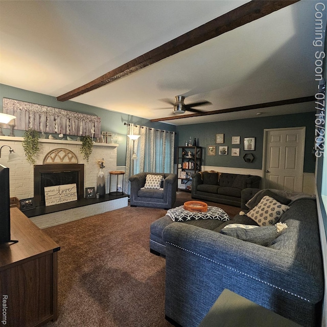 27315 Gilbert Dr, Warren, MI 48093 - carpeted living area with beam ceiling, a fireplace, and a ceiling fan