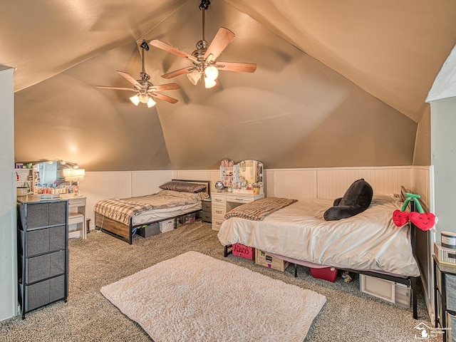 525 Godfroy Ave, Monroe, MI 48162 - carpeted bedroom featuring lofted ceiling, a wainscoted wall, and a ceiling fan
