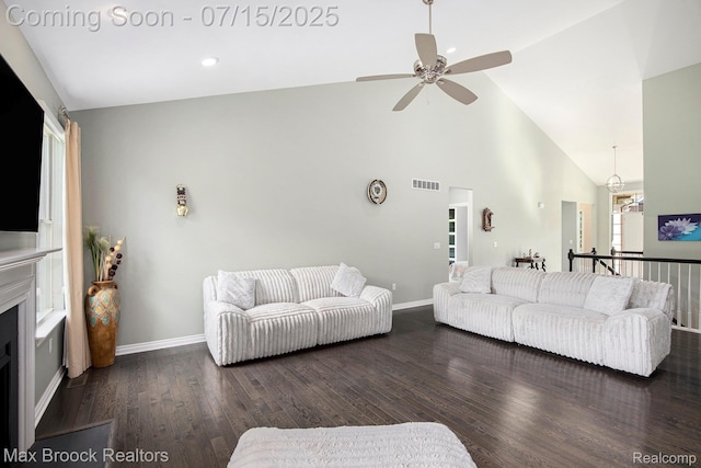 23395 Stoneleigh Ct, South Lyon, MI 48178 - living room featuring high vaulted ceiling, wood finished floors, and a ceiling fan